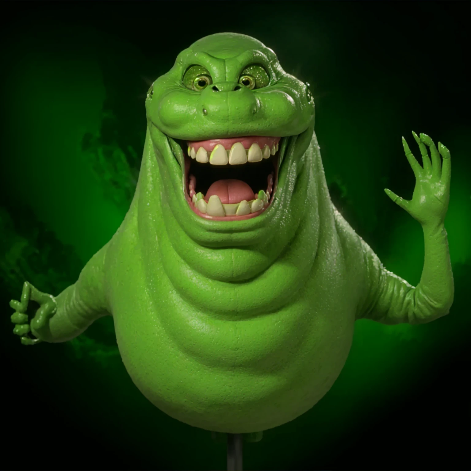a close up of a green creature with a big smile on its face, thinner,  Ghostbusters, 90s CGI, 