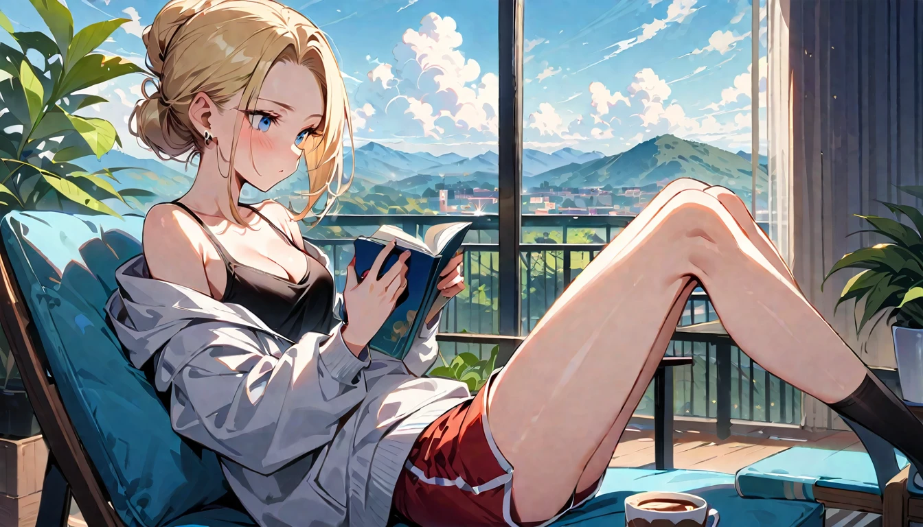 (masterpiece, best quality:1.2), solo, Android 18 from Dragon Ball, ((light gray hooded sweatshirt, Oversized hooded sweatshirt, long sleeve, black thin thigh highs, black dolphin shorts, red panties, knees up, beautiful butt, thighs)), small breasts, blonde hair, (single hair bun), ((blue eyes)), (wearing glasses), earrings on earlobes, slender feminine figure, skinny body, (reading a book), cleavage, off shoulder, light blush, chill, hot coffee, organized, simple, white-based interior, a few plants, cloudy sky, terrace, magnificent view, blur background, 4K, on the cute chair, (pale blue chair),