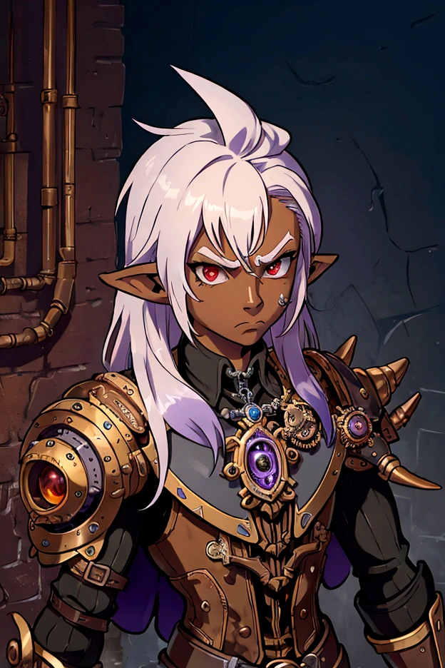 ((best quality)), ((masterpiece)), (detailed), ((boy)), ((mix between dungeonpunk and steampunk armor)), (serious), fantasy illustration, dark skinned, human, upper body, portrait, red eyes, long white hair, (wearing armor), Xemnas from Kingdom Hearts, half-drow, pointy ears, serious face, dramatic lighting, purple hue, art by Kinema Citrus and Tetsuya Nomura