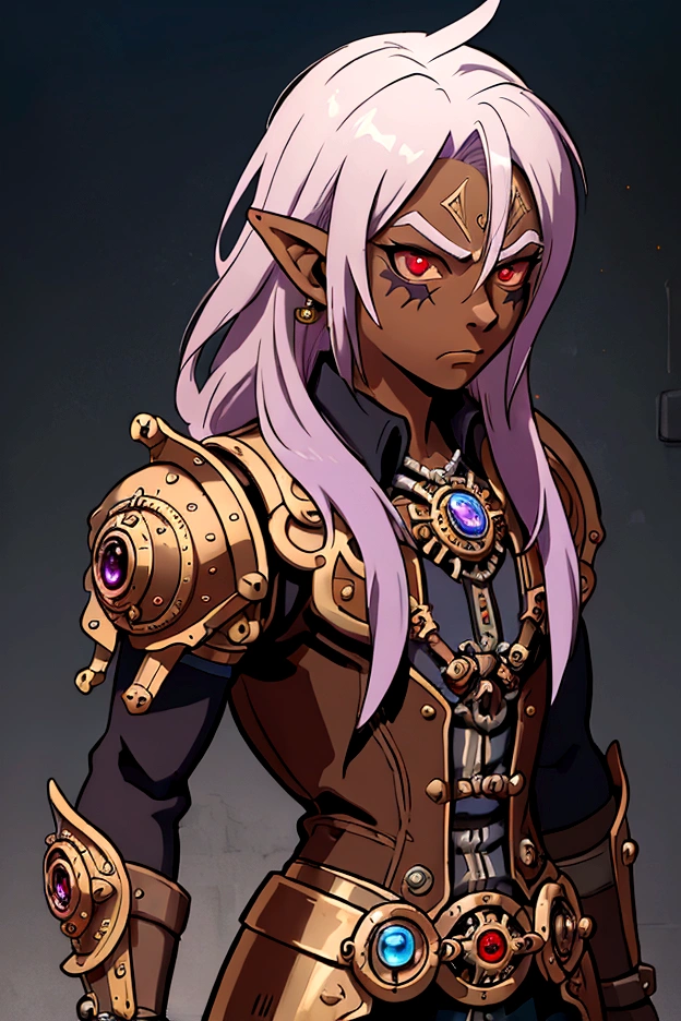 ((best quality)), ((masterpiece)), (detailed), ((boy)), ((mix between dungeonpunk and steampunk armor)), (serious), fantasy illustration, dark skinned, human, upper body, portrait, red eyes, long white hair, (wearing armor), Xemnas from Kingdom Hearts, half-drow, pointy ears, serious face, dramatic lighting, purple hue, art by Kinema Citrus and Tetsuya Nomura