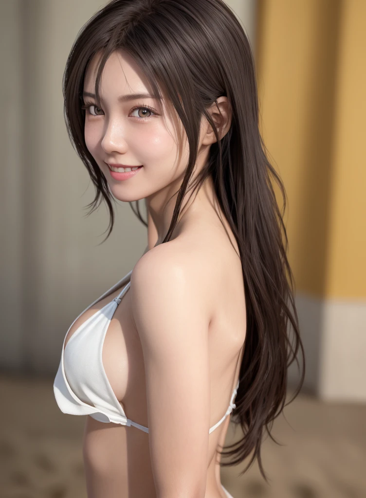 high quality picture, masterpiece, detailed hair texture, Detailed skin texture, Detailed Cloth Texture, 8K, Add fabric details, ultra detailed skin texture, ultra detailed photographic, Skin pores, light smile,microbikini,nsfw,beach, looking back