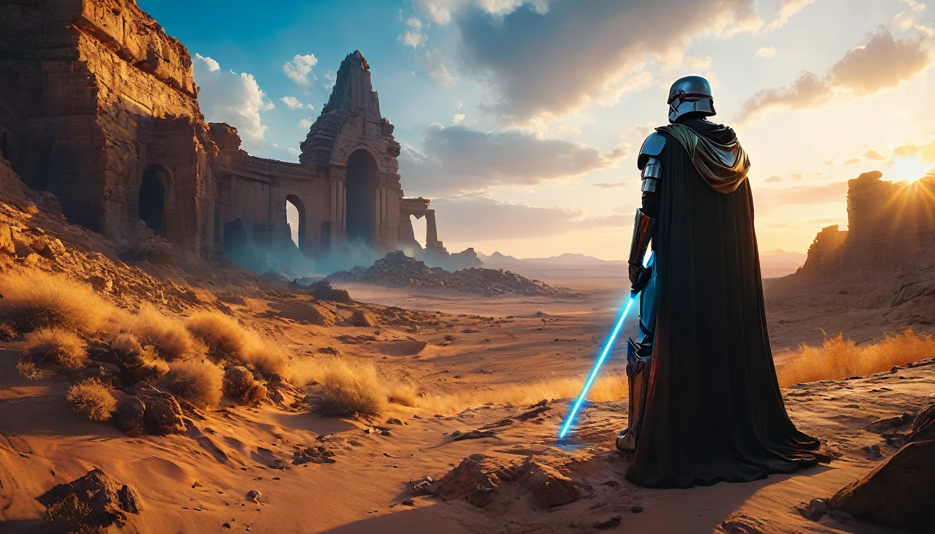 View a vast desert landscape bathed in golden twilight, evoking the iconic Star Wars look. In the center of the scene, a Jedi in a flowing cape stands silhouetted against the orange sky, your glowing blue lightsaber in your hand, pronto para enfrentar qualquer desafio. The ruins of an ancient civilization rise majestically in the background, and the remains of a fallen AT-AT adorn the landscape. The atmosphere is charged with expectation, as if an epic battle was about to begin.hyper realistic composition,32k resolution,cinematic composition,cinematic color grading.photography whit Phaseone 85mm,depth of field. colors:#CEDBE1#D3B9AO#73503C#A6826D#261B17
