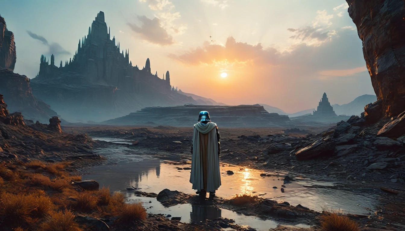 View a vast desert landscape bathed in golden twilight, evoking the iconic Star Wars look. In the center of the scene, a Jedi in a flowing cape stands silhouetted against the orange sky, your glowing blue lightsaber in your hand, pronto para enfrentar qualquer desafio. The ruins of an ancient civilization rise majestically in the background, and the remains of a fallen AT-AT adorn the landscape. The atmosphere is charged with expectation, as if an epic battle was about to begin.hyper realistic composition,32k resolution,cinematic composition,cinematic color grading.photography whit Phaseone 85mm,depth of field. colors:#CEDBE1#D3B9AO#73503C#A6826D#261B17
