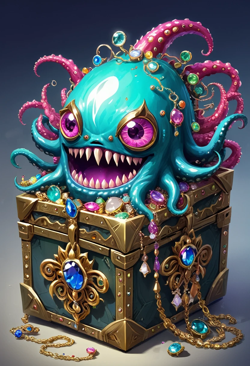 Strange box monster full of jewels - one eye - sharp teeth - ugly,Long tentacles,Scattered jewelry
