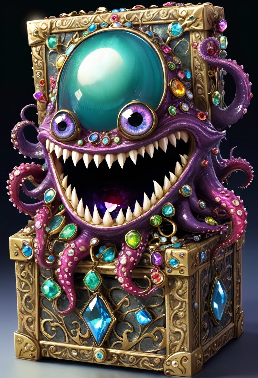 Strange box monster full of jewels - one eye - sharp teeth - ugly，Long tentacles，Scattered jewelry