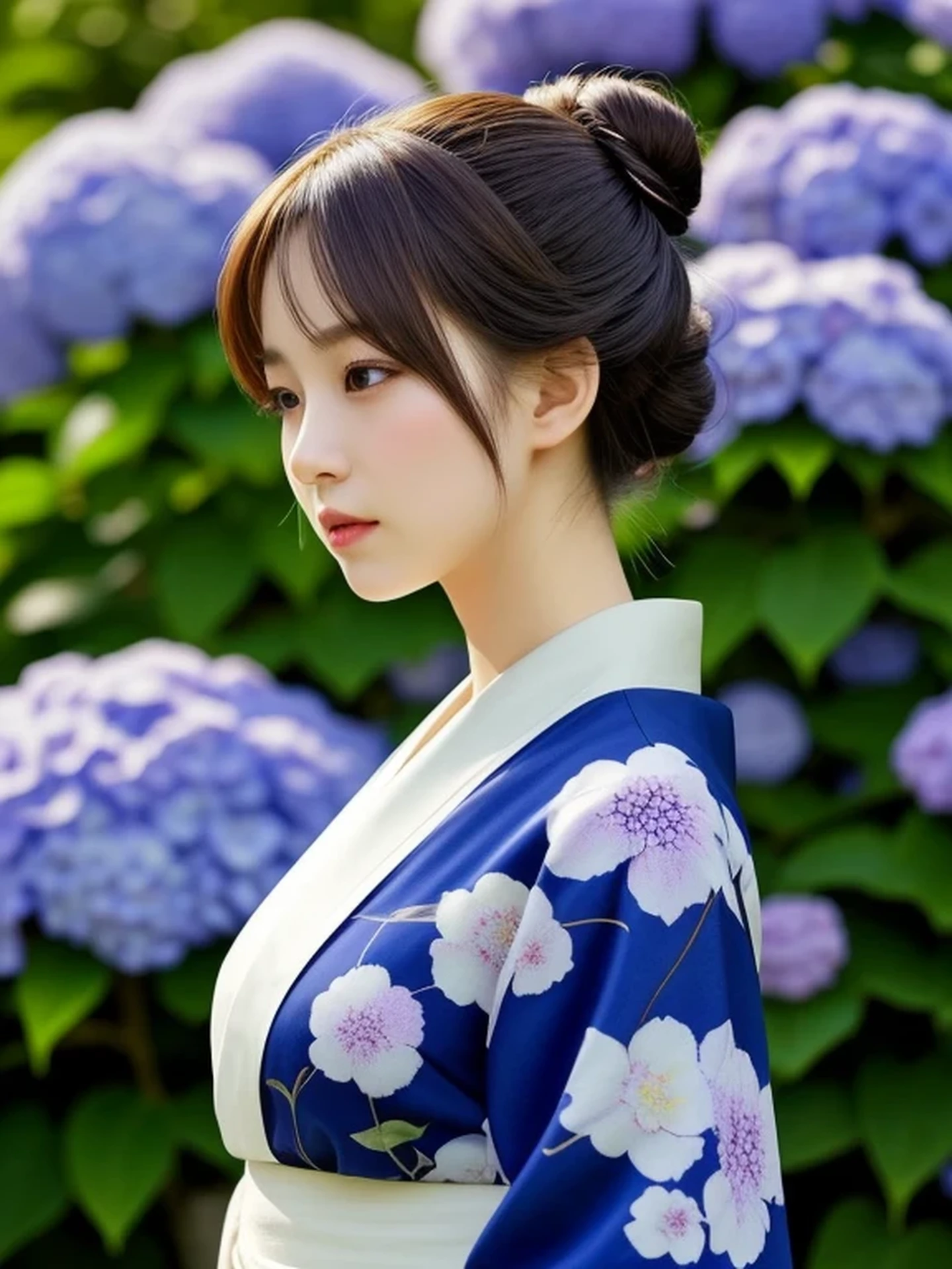 1 Japanese girl, (looking away:1.4), (upper body shot:1.2), Beautifully detailed eyeballs, catchlight in the eyes, Realistic digital painting of a woman portrait, Shy,  Cute,  open mouth to say something, sad, brown eyes,  (half updo,:1.1), (light brown brunette hair:1.3), (Highly detailed skin:1.2), Mystical style, Global Illumination, Traditional Japanese　floral printed Kimono, A silk kimono with a deep indigo base. A garden with many blooming hydrangeas