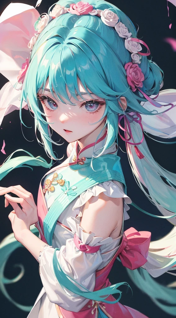 Chinese women's wedding,long whitr hair,Dark cyan and white,chinapunk,in the style of anime aesthetic,in Pink and white,Beautuful Women,best qualtiy,super detailing,Good atmosphere,delicated,cg render,detail render,(Delicate facial portrayal)(Fine hair portrayal)(highest quality)(Master masterpieces)(High degree of completion)(a sense of atmosphere)8k wallpaper,tmasterpiece,ultra - detailed(half-body portrait)