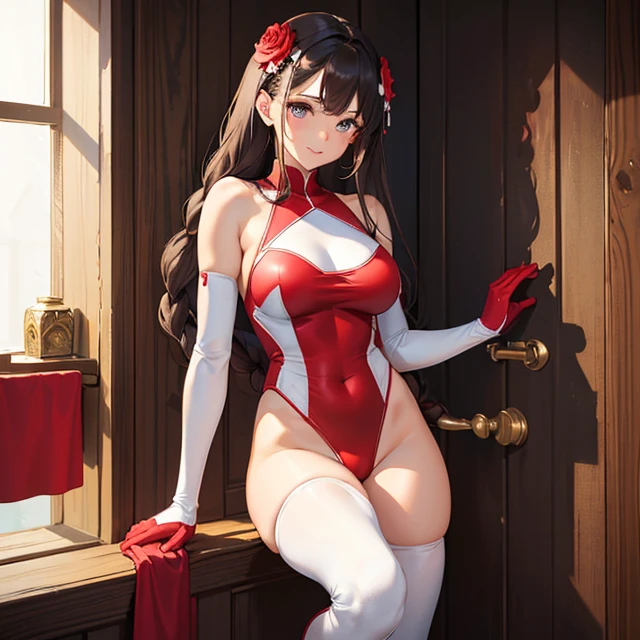 (masterpiece image, very detailed image, best high quality high definition image), solo character,
1girl 28 years old latina girl, dark brown skin, blue grey eyes, smiling, carefree demeanor, absolute feminine beauty, long dark brown hair tied on braid, pink flower at left side of the hair, thin pale mouth lips, big breasts, beautiful arms, beautiful legs, (Red one-piece Leotard with a white stripe on the hips, red wrestling boots, white knee pads, white elbows pads and red sleeves with red gloves)
Relaxing in the toilet room