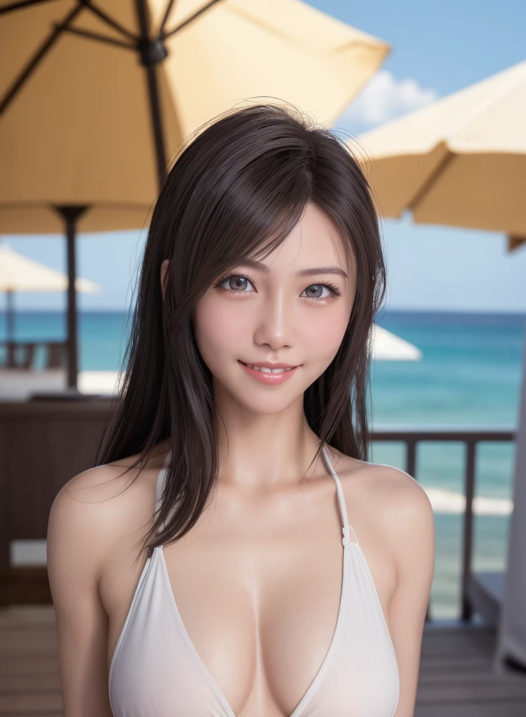 high quality picture, masterpiece, detailed hair texture, Detailed skin texture, Detailed Cloth Texture, 8K, Add fabric details, ultra detailed skin texture, ultra detailed photographic, Skin pores, light smile,,,beach, 