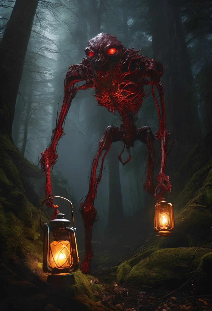 (Award-winning masterpiece:1.5), (incredible detail), (hyper realistic:1.4), (whole body:1.7), (creature emerging from darkness), (tall and skeletal figure), (disproportionately long limbs), (glowing red eyes reflecting lantern light), (dark forest), (dramatic lighting), (intricate details:1.1)