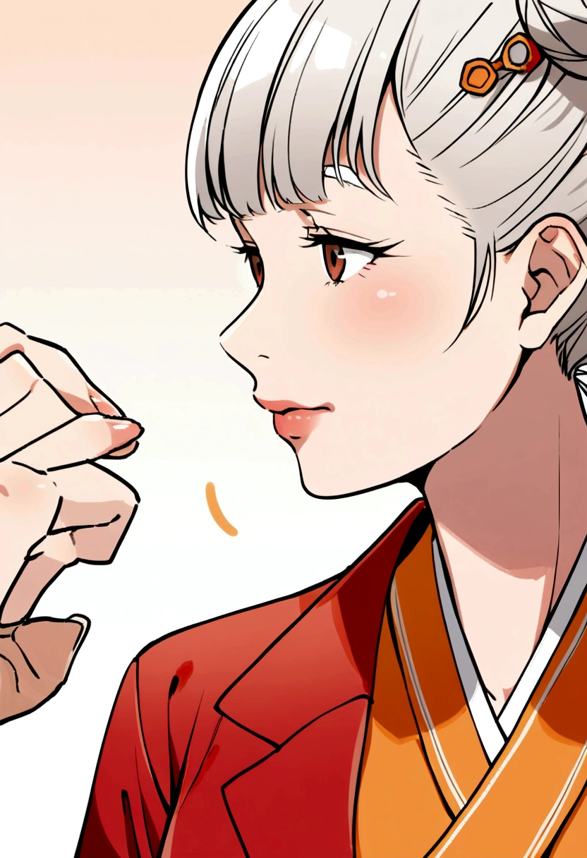 50 year old woman, white hair, bun with hairpin, brown eyes, orange dress, red jacket