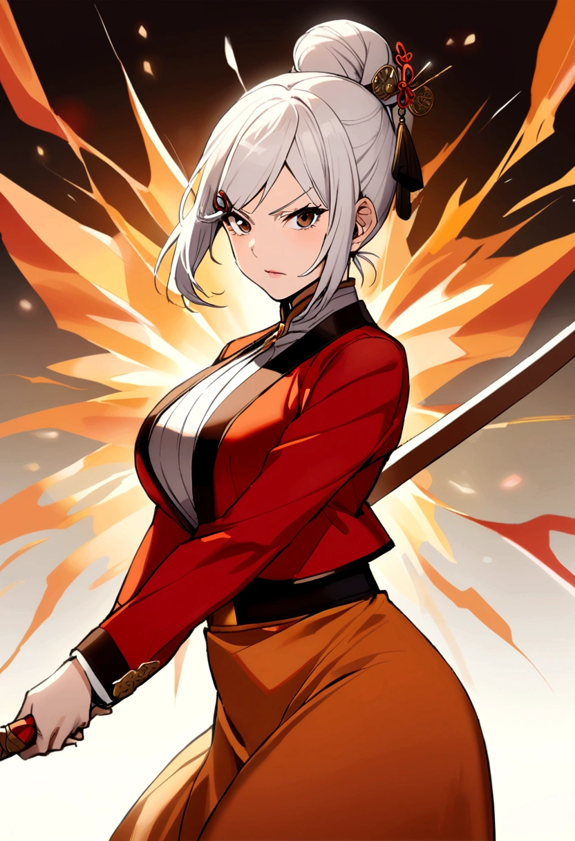 50 year old woman, white hair, bun with hairpin, brown eyes, orange dress, red jacket