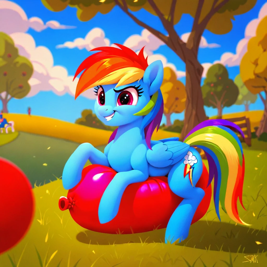 cinematic film still score_9, score_8_up, score_7_up, score_6_up, score_5_up, score_4_up, Digital art, cute,
Rainbow Dash, earth pony, muscular, smirking, feral,
rating_questionable,
meadow,
(balloon fetish, looner, sitting on a balloon, balloon sitting:1.2),
(detailed balloon, one balloon, sitpop:1.3),
thick thighs, balloon fetish, sitting on a balloon, one balloon, too heavy,
(tied balloon, tight balloon, necked balloon:1.2),
foreshortening, depth of field, motion lines,
emphasis lines, impact emanata,
screencap, . shallow depth of field, vignette, highly detailed, high budget, bokeh, cinemascope, moody, epic, gorgeous, film grain, grainy