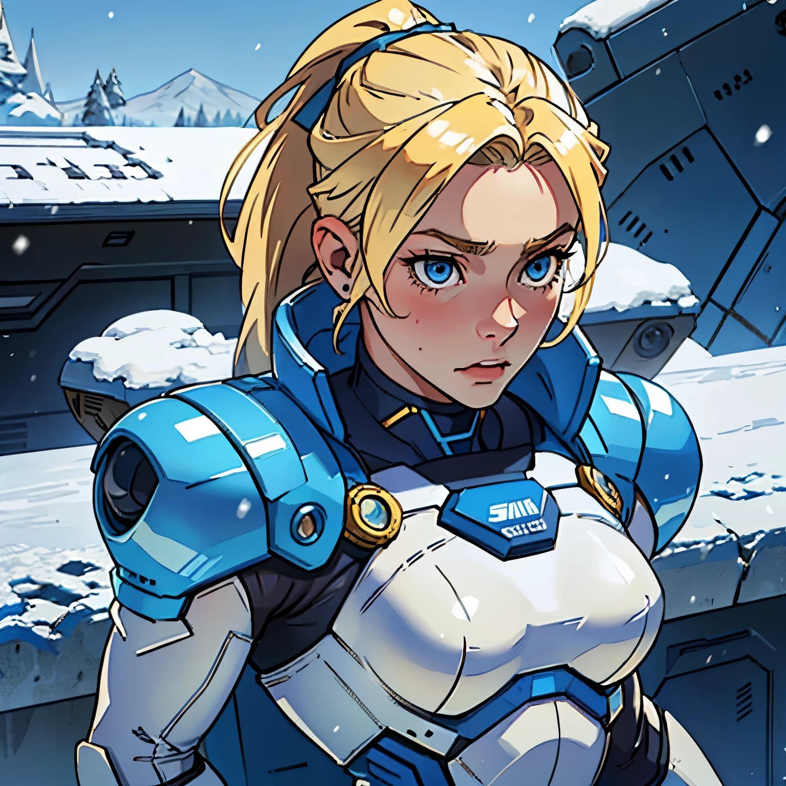 (Blonde teenager), 18 years old, blue eyes, (short golden hair), (ponytail), small breasts. She wears a blue sci-fi suit, in snow.
