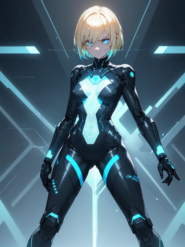 A young woman with short blonde hair and light blue eyes, dressed in a tight black futuristic suit. The suit has luminous details in neon blue, que recorren desde el long neck hasta las piernas, forming lines and patterns. In the center of the chest, there is a luminous circular design, as a device or energy source.

The suit has long sleeves and has black gloves. La joven también lleva black high boots with luminous details en azul. One of his legs has a bright blue band just above the knee. 

The young woman&#39;s expression is serious and determined., con la Head slightly tilted hacia un lado. La imagen tiene una estética de Science fiction y high technology.

### Additional details for the generator:
- **Hair**: short blonde.
- **Eyes**: light blues.
- **It lasts**: Tight black with neon blue luminous details, long neck, long sleeves.
- **accessories**: black gloves, black high boots with luminous details, bright blue band on one leg.
- **expression**: serious and determined, Head slightly tilted.
- **Style**: futurist, Science fiction, high technology.