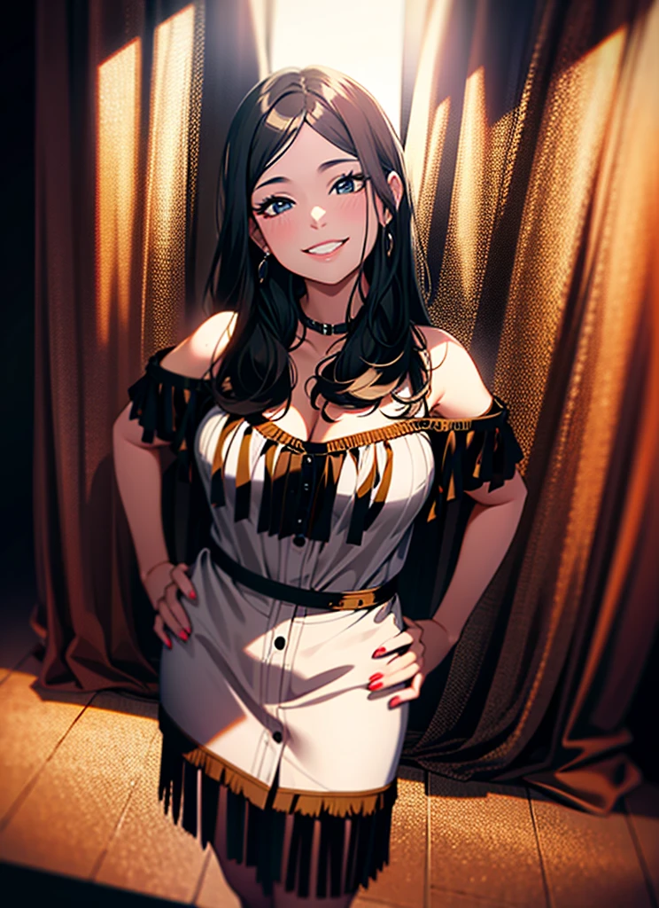 A woman is standing against a black curtain background, wearing a beige and brown fringed dress with blue accents. Her hair is dark, styled in loose waves, and she's smiling at the camera.