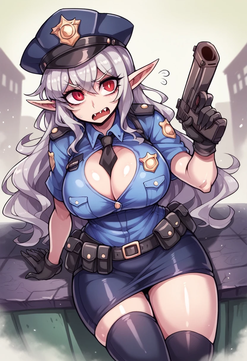 NSFW,((Perfect human body)),One girl, Red eyes, Wavy silver hair, Pointed Ears, vampire, Drooping eyes,Police uniform,Anxious expression,Police hat,skirt,Mobile Task Force Heavy Equipment,Big Breasts,Hair Flowers,Urban area,whole body,Character portrait,Possession of a gun,Ready your gun?