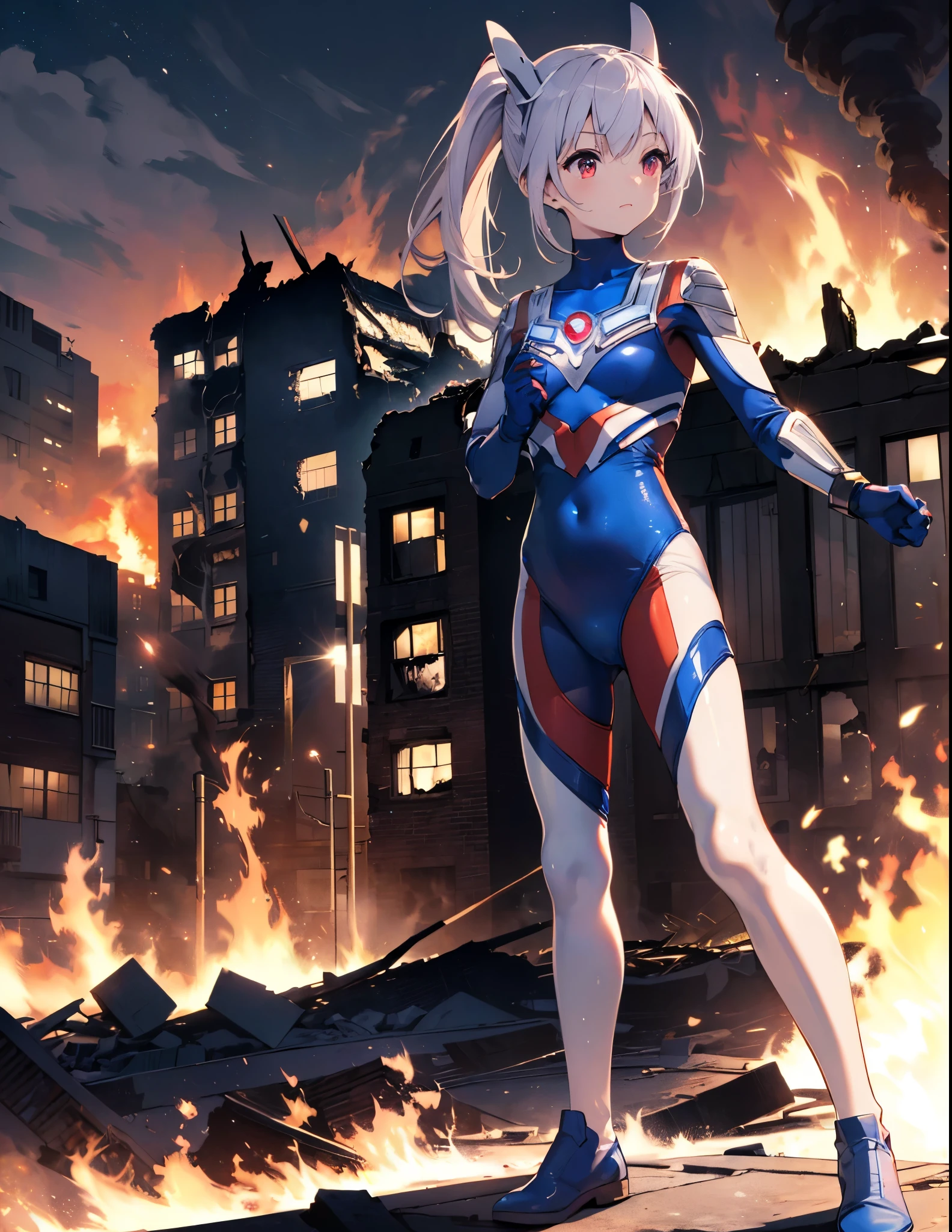 (Close-up:1.3),Realistic,Highest quality, Ultra Detail, High-quality CG rendering, The most delicate and beautiful, Floating softly, High resolution, (1 girl), (Highest quality,4K,8K,masterpiece:1.2) ,Light purple hair,Rabbit,Bunny ears,ponytail,Red eyes,(Ultra Girl:1.0),(All blue Ultraman :1.4),(All blue gloves:1.3),(All blue shoes:1.3), (Fighting Pose:1.2), (Are standing:1.3),(A city engulfed in flames:1.3),(Buildings in flames:1.3),(Burning Ruins:1.3)