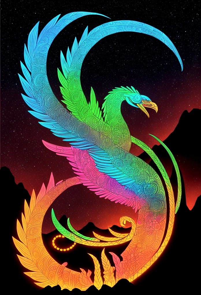 The silhouette of Quetzalcoatl against a horizon lit with neon lights, campfires and glowing into the night.