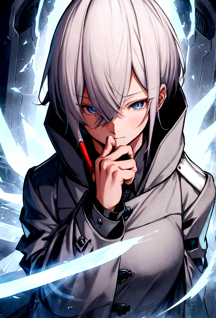 Futuristic, man, Mage, holding pencil, wearing an overcoat ,an anime face, high face definition , Ultra Hd, 4K, whole body, white hair, well defined hands, very detailed hands