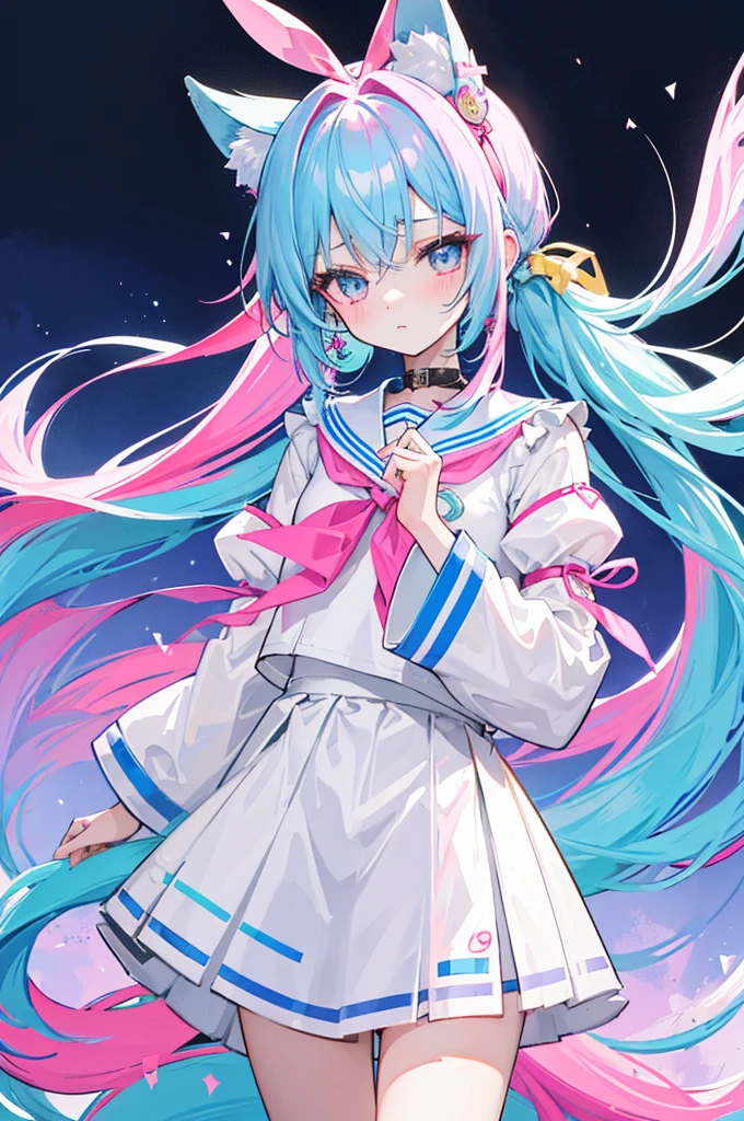 Colorful light background，long hair，Has a bright pink-purple  chewing gum texture，In pink、With blue, white, yellow and green、Pendant decoration with cyan accessories，This  a very sweet and sweet  girl，Long light blue hair，crimson eyes，Her hair  tied with two pink hairbands，short twintails，Qi bangs，Two long hair curtains on both sides，Wearing a white sailor ，grey short skirt，Iron earrings worn by bad girlangs pulled by hairpins，The sleeves are long，Fresh atmosphere，Warm colors，The eyes are focused，highlight，masterpiece，blush，expressionless，Open your mouth slightly