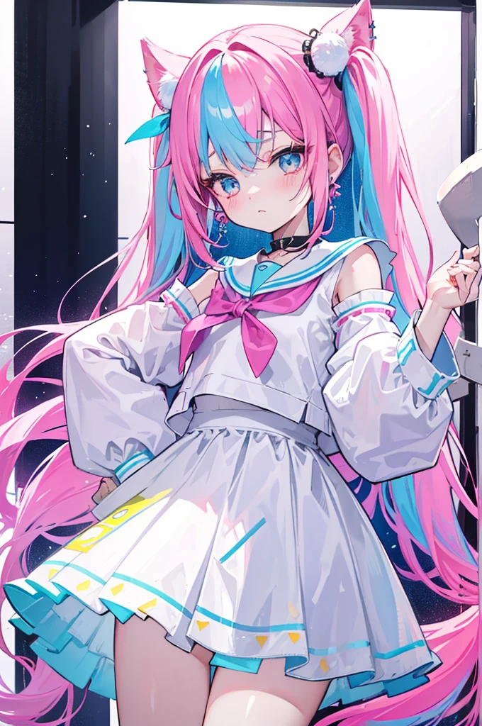 Colorful light background,long hair,Has a bright pink-purple transparent chewing gum texture,In pink、With blue, white, yellow and green、Pendant decoration with cyan accessories,This a very sweet and sweet loli girl,Long light blue hair,crimson eyes,Her hair tied with two pink hairbands,short twintails,Qi bangs,Two long hair curtains on both sides,Wearing a white sailor ,grey short skirt,Iron earrings worn by bad girlangs pulled by hairpins,The sleeves are long,Fresh atmosphere,Warm colors,The eyes are focused,highlight,masterpiece,blush,expressionless,Open your mouth slightly