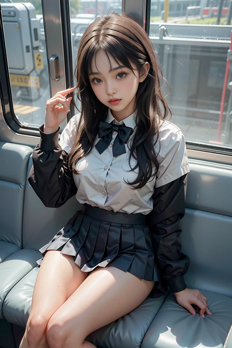 Arafed Asian woman with short skirt and bow tie sitting on a train, (of the_heads:1.3), cute schoolgirl, japanese school uniform, wearing japanese school uniform, japanese school uniform, a hyperRealistic schoolgirl, dressed as a schoolgirl, hyperRealistic schoolgirl, wearing , Realistic , girl dressed in uniform, wearing a , of a pose, whole body, Beautiful skin, shiny skin, nice thighs,shiny thigh, shiny legs, ((panties))