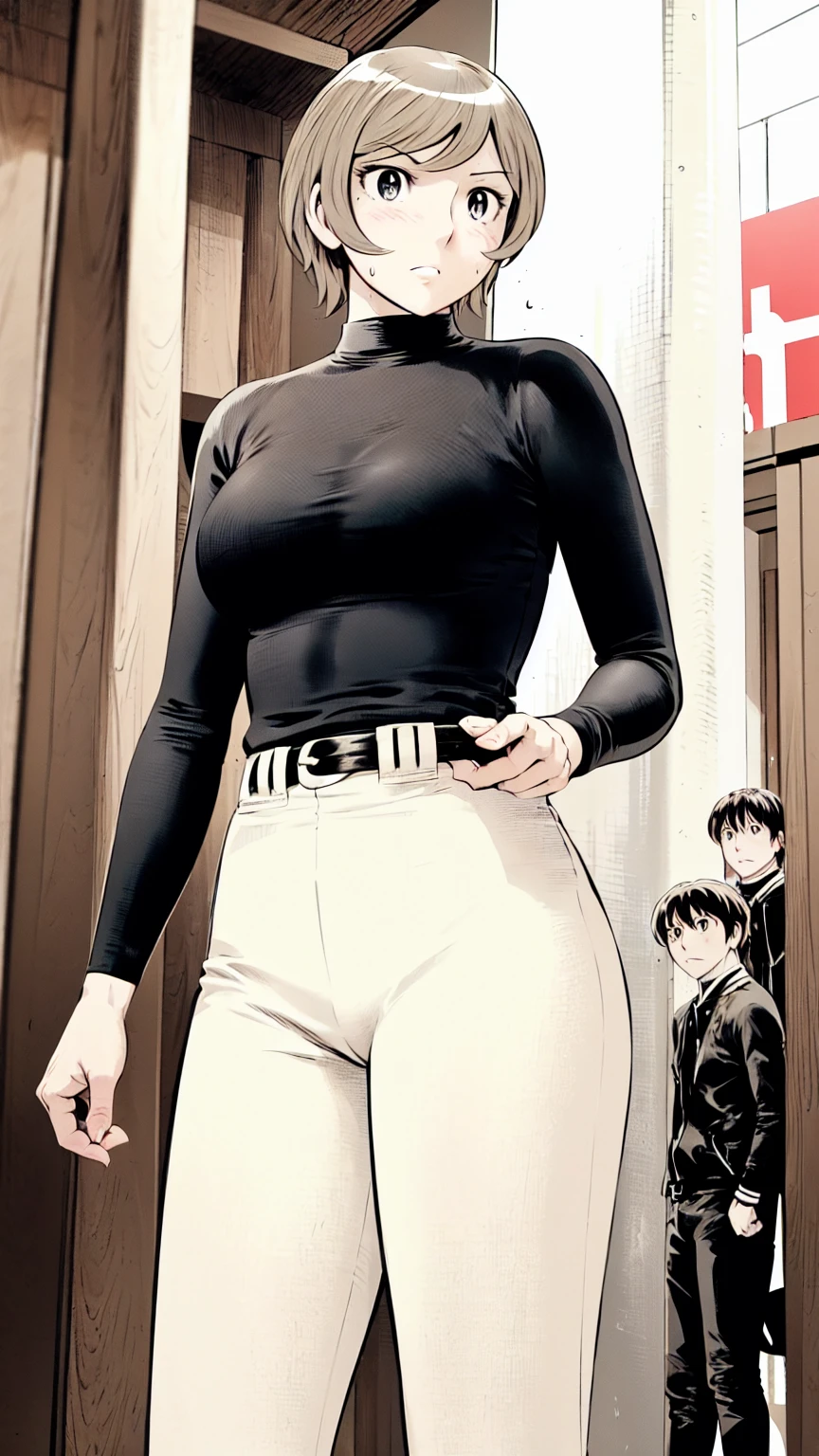 (野球uniform:1.2),
Blonde Hair, (short hair:1.2),Long sleeve, Black Shirt, turtleneck,White trousers、uniform、Black belt、((Illustration of people))、Big Boobs、
View Audience,, (Highest quality:1.3),One Girl, White pants、uniform、Outdoor、baseball ground、ground、soil、blue eyes、Tight black shirt、(masterpiece、Highest quality)、Highest quality, Ultra-high resolution, (((masterpiece))), alone, Sweat、Big eyes、Big Breasts、One Girl, Front view、Embarrassed face、Bronze colored hair、((short hair))、Stand up straight