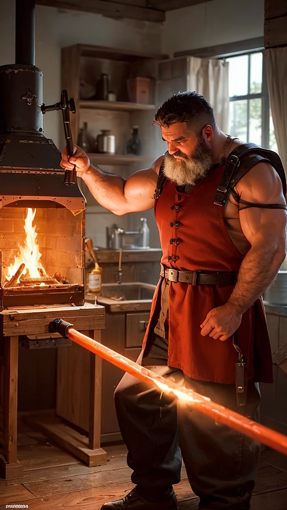 "Create a scene inside the smithy. It was a middle-aged blacksmith with a chubby body and a bald head with his hair tied back. Forging a red-hot copper sword on an iron anvil. He held a heavy hammer with both hands and was not wearing a shirt. Behind him, an elderly blacksmith was watching. It has a blast furnace with a hot fire and an orange-red glow. The atmosphere in the forge was hot and full of energy."