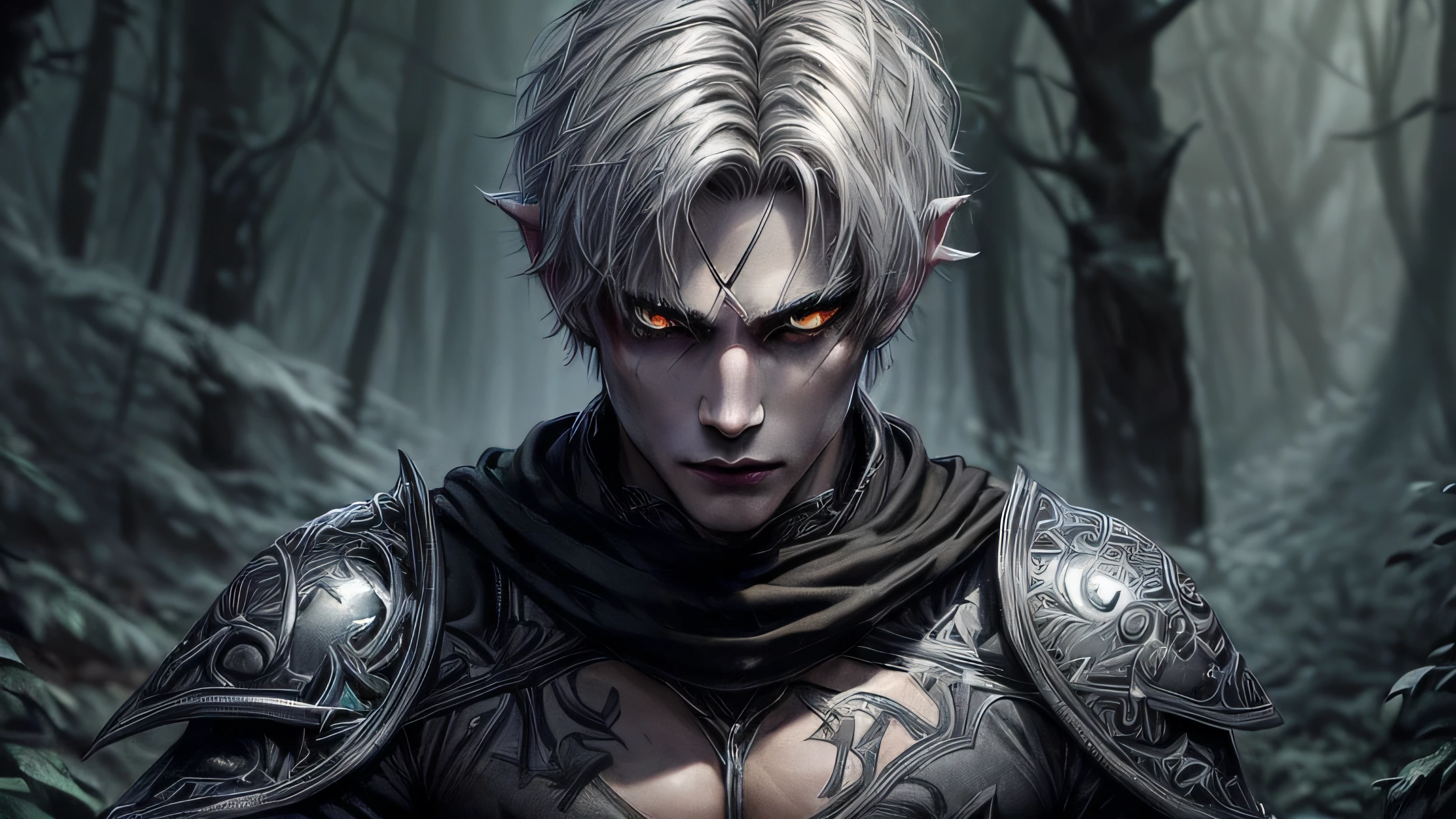 ((masterpiece, hyper realistic,32k,extremely detailed CG unity 8k, best quality, realistic face, solo, canon50, photorealistic, concept art, intricate details, highly detailed, octane render, unreal engine, fantastic-art))
((1 male elf)), ((solo))
landscape ((full shot:1)), ((full body:1.6))
The detailed background is the dark forest, blood moon clearly in the night sky, bats flying in the air in the background, Sally Mann, HDR, (masterpiece:1.3), at the steampunk world fair, Forests, og, caves, (masterpiece:1.2), athletic face, sky, Vincent Callebaut, (low key), artstation, film grainy, representational, Depth of Field, (Antonio Moro), color, soft lighting, side view:1, by Greg Rutkowski, front view:1, ((dark forest:1.5)), ((blood moon:1.5))
Dark elf assa sitting on a rock in the dark forest, ((musesing face:1)), ((1 man, 25 years old, close-up, perfect eyes, detailed eyes, high quality eyes, perfect_face, high quality face, grey skin:1.5, grey face:1.5, white eyes:1.5, glowing eyes:1.5)), (((medium pointy ears, silver hair, ((short hair)), perfect hands))), ((assasinearing extremely intricate assasin ho wearing a light silver armor, armor with extremely delicate pattern, light silver armor, very light shoulder armor, gauntlet, gloves, boots, battle armor)) ((assasin)), long at viewer, ((clenched fist:1)), ((dagger equiped:1)), ((mask))
extremely detailed eyes, demon eyes, expresfull eyes, eyes shadow (opened_eyes:1.2)
man muscle body, perfect arms, detailed fingers, ((tall:1.2))
((gothichorrorai forest:1)) (wearing DeathKnight amor:0.75)