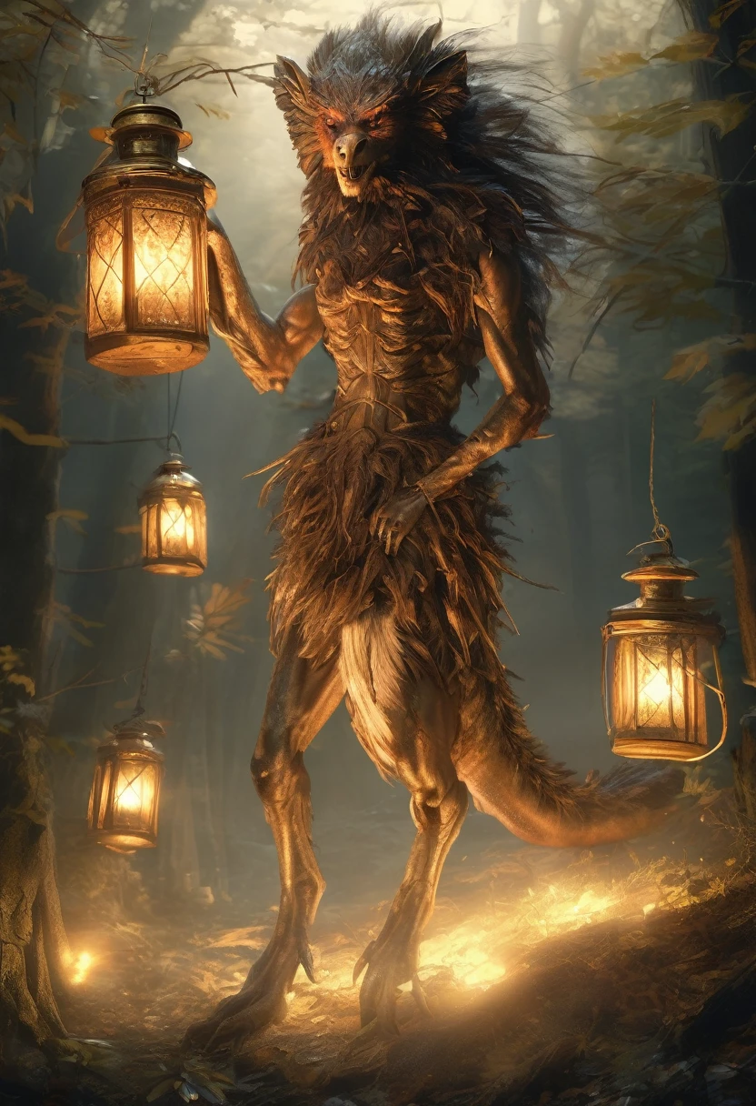 (Award-winning masterpiece:1.5), (incredible detail), (hyper realistic:1.4), (whole body:1.7), (pale skin stretched over sharp bones), (odor of decay), (creature advancing with terrifying speed), (sharp claws gleaming in lantern light), (dark forest), (dramatic lighting), (intricate details:1.1)