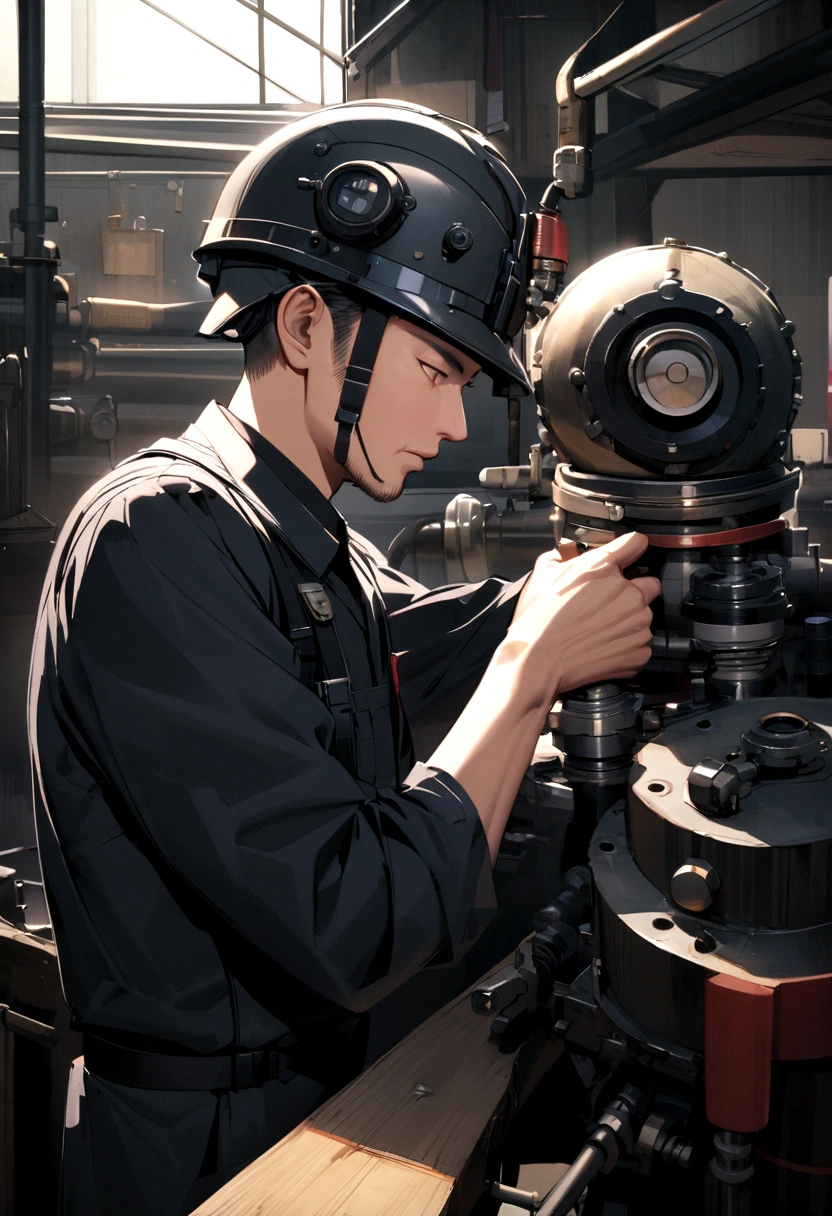 Japanese man wearing a helmet Manufacturing site Oil valve inspection