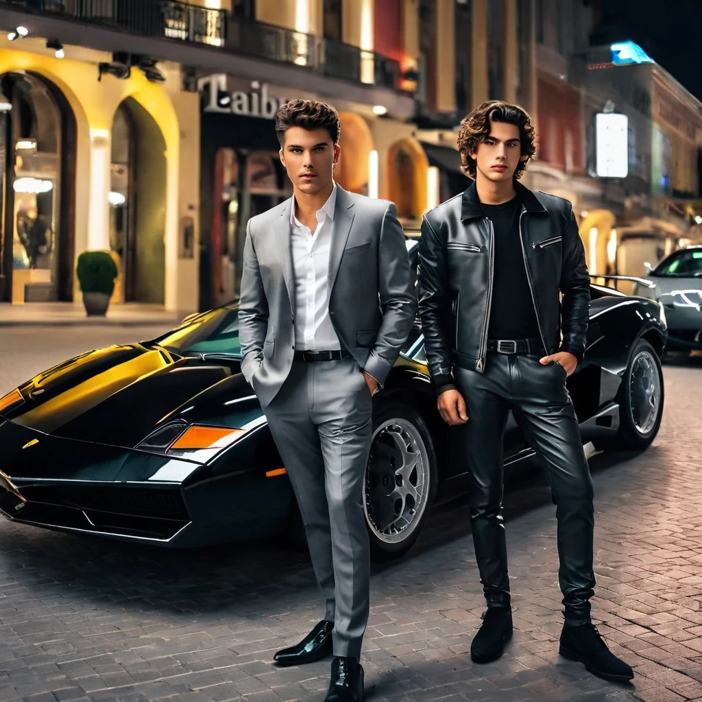 standing was an old man with slightly curly hair, wearing a gray suit, and a young man wearing a black leather jacket, complete body with shoes, standing a beautiful woman dressed as a car mechanic. behind the Lamborghini, downtown, city lights