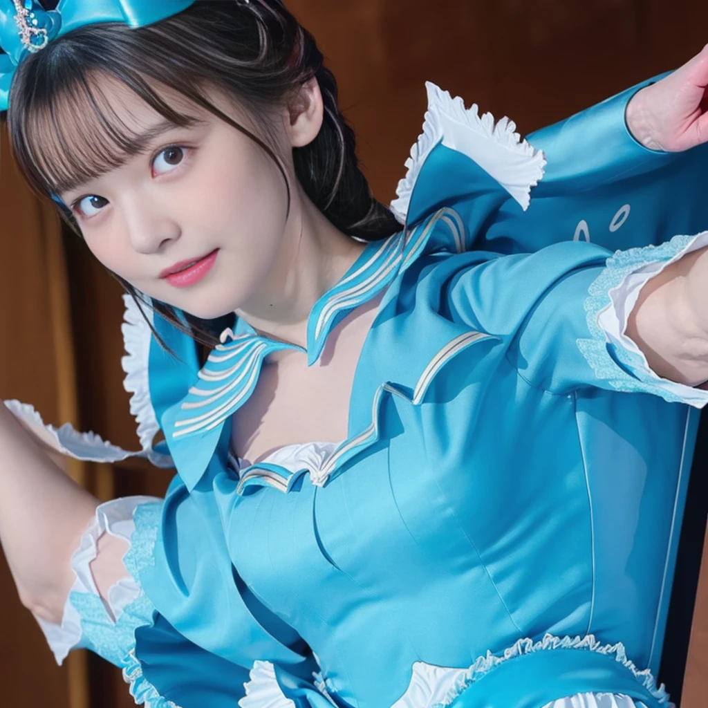 Highest quality,masterpiece,Very detailed, 8K,Beautiful Japanese Women:1.5, Small face, Crucifixion, (Detailed glamorous light blue and blue magical girl heroine with frilly outfit:1.5), Ecstatic expression、 ((クロスにCrucifixionにされた女性:1.5, Breast Augmentation Surgery)), Very detailedな臭い脇の下