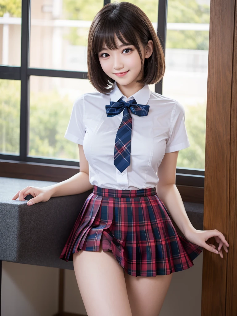 最high quality, 8K, Vibrant, Sharp focus, high quality, High resolution, (high school girl), (whole body), (Very slim and delicate body), Thin and beautiful legs, Thighs, Highly detailed eyes, Thick lips, Plump face, Collared shirt, Pleated skirt with dark blue plaid pattern, Red bow tie, Short Hair, A kind smile, Big Breasts, Leaning forward, 