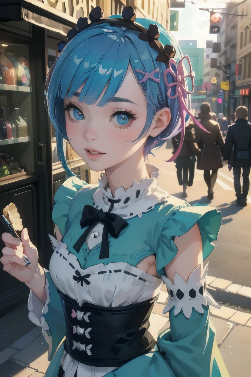 beautiful detailed eyes, beautiful detailed lips, extremely detailed eyes and face, long eyelashes, 1girl, chibi, kawaii, cute, , photo-realistic, hyperrealistic, street fashion, cosplay, rem from re:zero, full body, smiling, fantasy, fantasy art, digital painting, cinematic lighting, dramatic lighting, vibrant colors, highly detailed, sharp focus, volumetric lighting, photorealistic, 8k, best quality, masterpiece