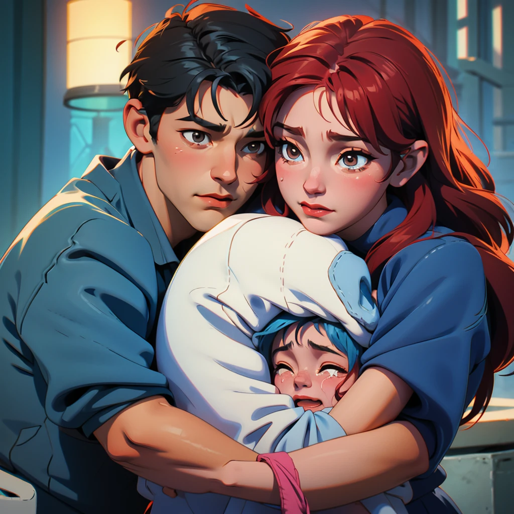 Family of two parents and a son hugging crying