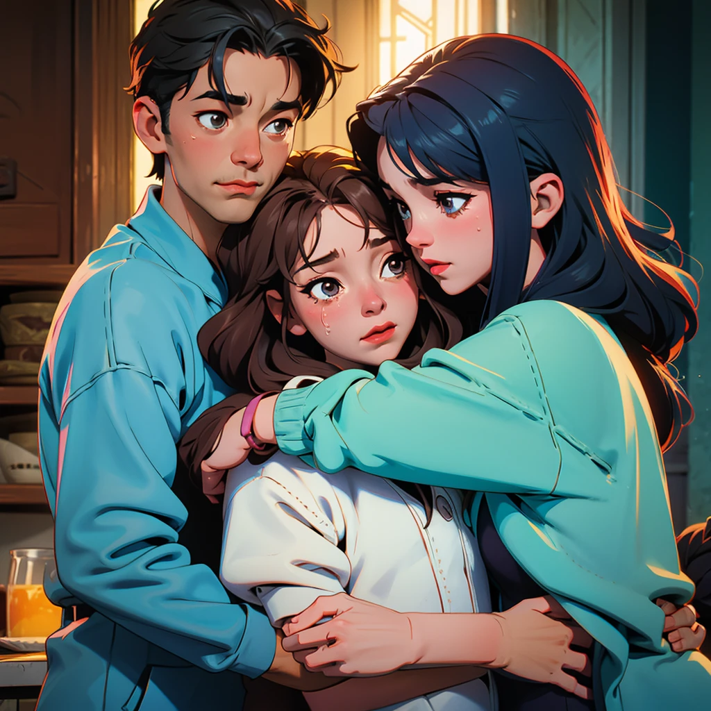Family of two parents and a son hugging crying