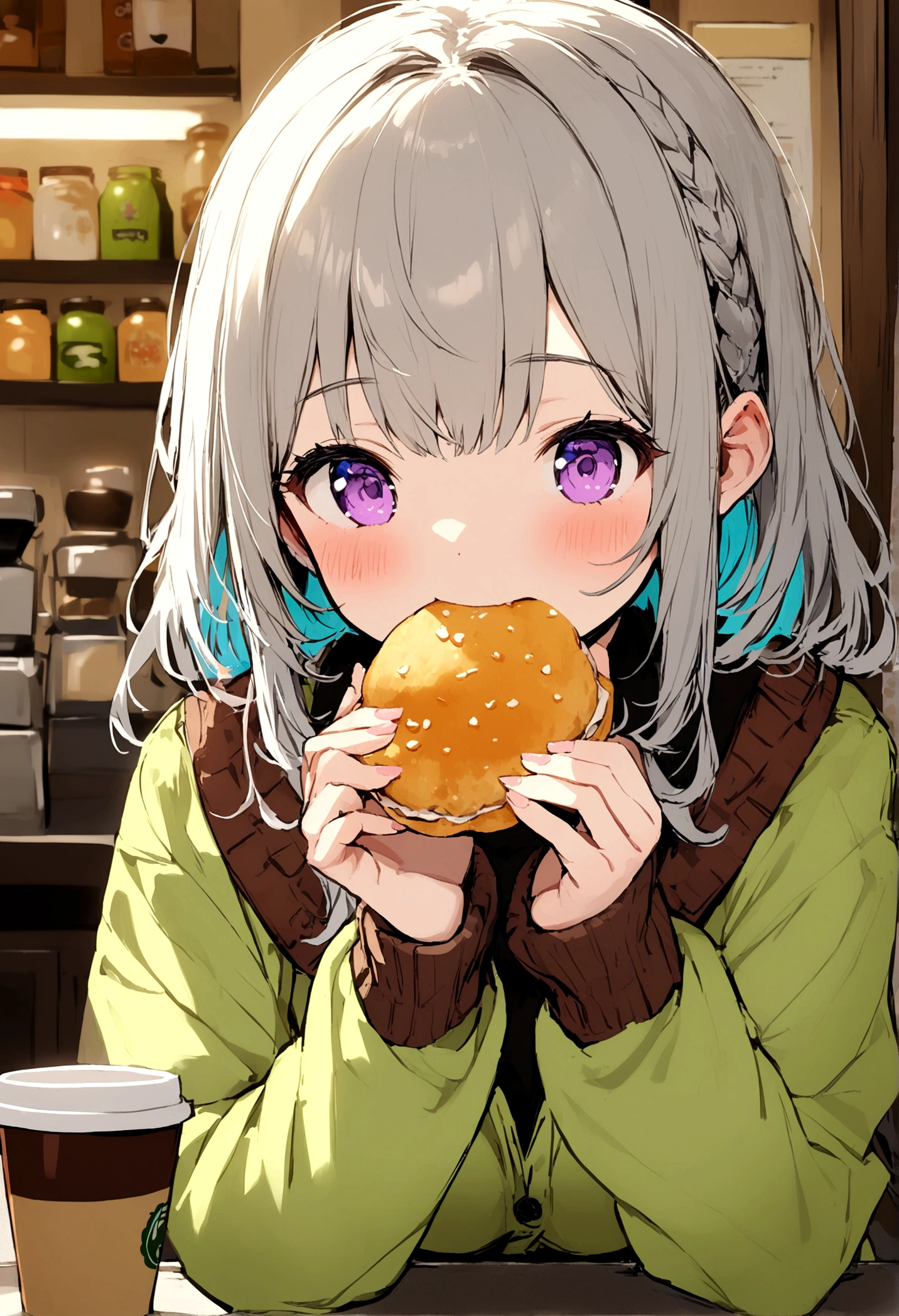 A girl eating snack in caffe