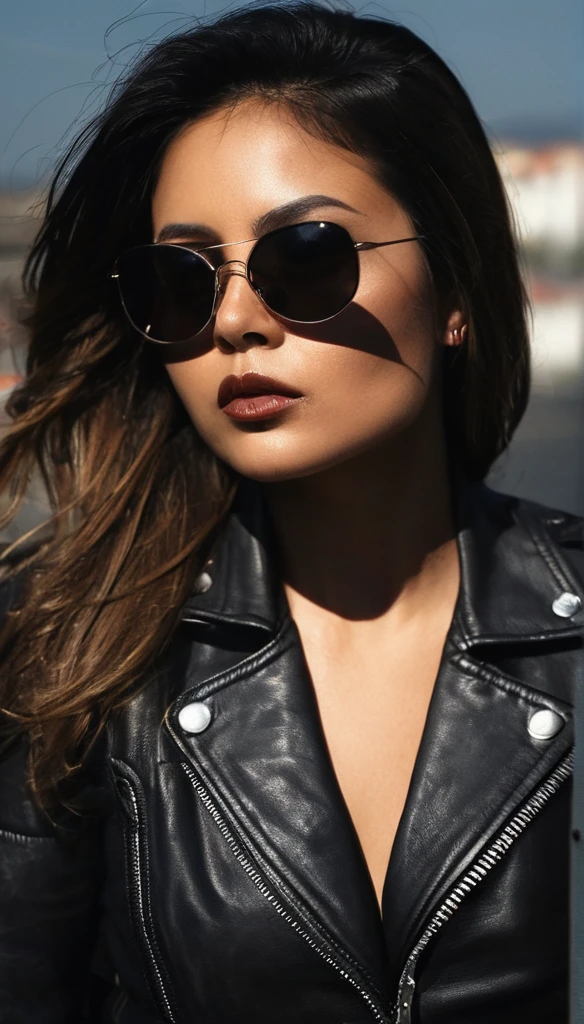 The image features a close-up profile photo from high angle above of a woman wearing sunglasses and a leather jacket. The woman is looking down at something. The sunglasses are dark and the woman's face is partially obscured by them. The background of the image is dark and smoky, which adds to the overall mood of the scene. The woman's attire, including the leather jacket, suggests that he might be in a professional or high-stakes environment. 1girl, female focus, solo, sunglasses, jacket, leather jacket