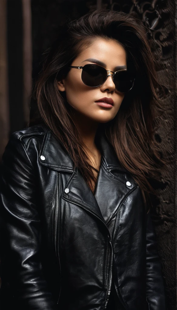 The image features a close-up profile photo from high angle above of a woman wearing sunglasses and a leather jacket. The woman is looking down at something. The sunglasses are dark and the woman's face is partially obscured by them. The background of the image is dark and smoky, which adds to the overall mood of the scene. The woman's attire, including the leather jacket, suggests that he might be in a professional or high-stakes environment. 1girl, female focus, solo, sunglasses, jacket, leather jacket