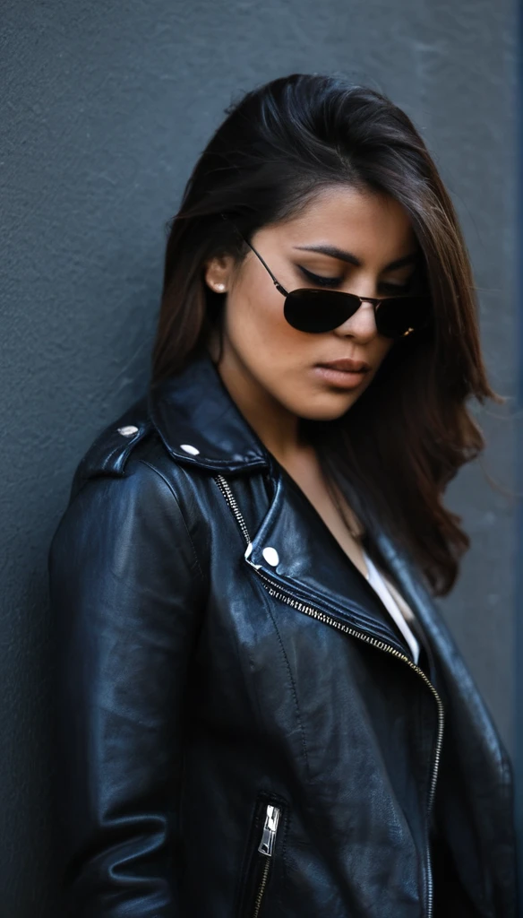 The image features a close-up profile photo from high angle above of a woman wearing sunglasses and a leather jacket. The woman is looking down at something. The sunglasses are dark and the woman's face is partially obscured by them. The background of the image is dark and smoky, which adds to the overall mood of the scene. The woman's attire, including the leather jacket, suggests that he might be in a professional or high-stakes environment. 1girl, female focus, solo, sunglasses, jacket, leather jacket