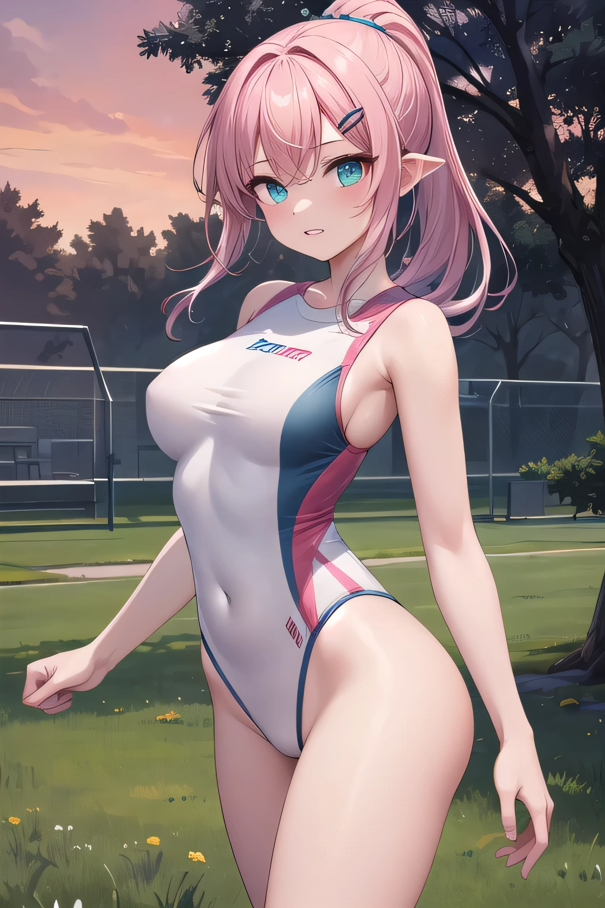 最high quality、high quality、best image quality、8K、最High resolution、High resolution、最high quality、masterpiece、whole body photos、 skin in every detail、 face in every detail、 eyes in every detail、 lips in every detail、 teeth in every detail、 ears with attention to detail、 hair with detailed details、arms with attention to detail、 hands with attention to detail、 fingers with attention to detail、 (fine hands、thumb１reference４)、 legs with attention to detail, feet with attention to detail, 8k, ultra HD, sharp focus, details hair, beautiful hair, details face, beautiful detail eye, details pupil, perfect hand, vibrant colours, soft lighting.

1girl, long hair, hair accessory, hair ornaments, cyber pink hair, single ponytail hair, beautiful hair, radiant aqua eyes, glow eyes, big , small thigh, slim body, sports clothing, , seduction

at field, beside tree, wind blows, sunset, evening, clear sky,