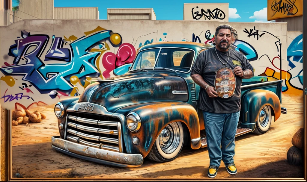 a large wall with a graffiti drawing of a pickup truck