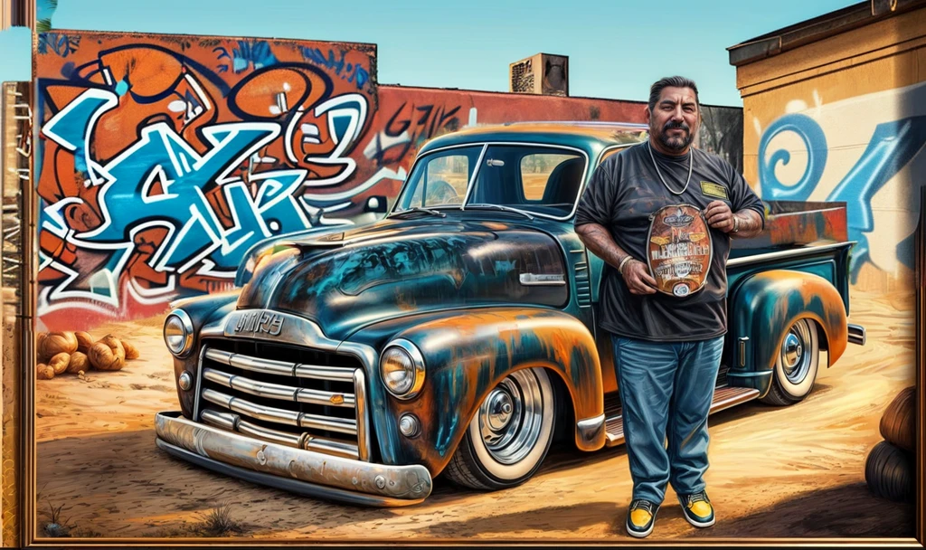 a large wall with a graffiti drawing of a pickup truck