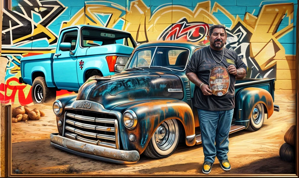 a large wall with a graffiti drawing of a pickup truck