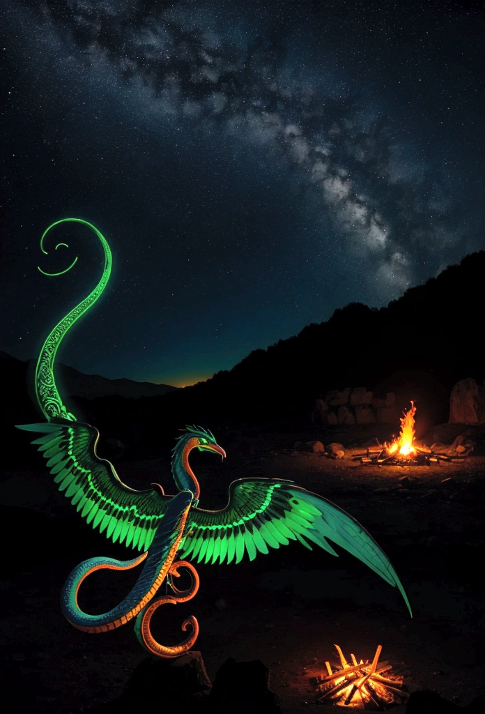 The silhouette of Quetzalcoatl against a horizon lit with neon lights, campfires and glowing into the night.