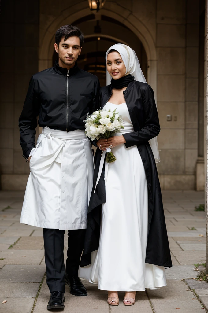 wedding photo of the man wearing a black jacket and trousers, while the woman is wearing a white dress and holding a bouquet and she is wearing a hijab