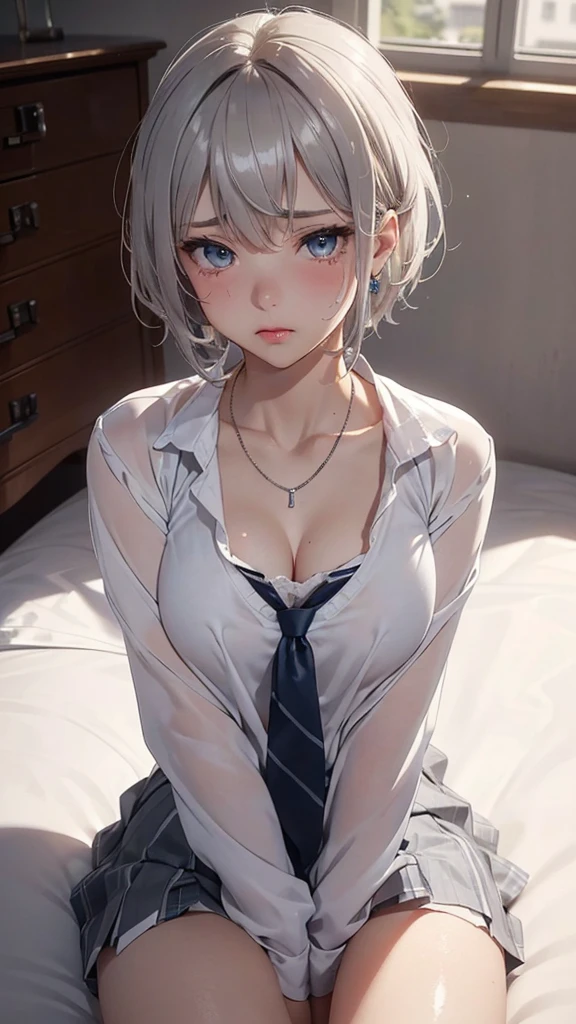 (masterpiece: 1.3), (Maximum resolution: 1.2), (Ultra HD TV: 1.2), Cinematic Light, 8K resolution, Detailed facial features , (Sharp focus: 1.2), (Focus on the face:1.2),Perfect Style, Beautiful Face, Acura, Anatomically correct, Highly detailed face and skin texture, Beautiful Eyes,Beautiful Eyes, Thin eyebrows, Glitter Eyeliner: 1 Natural Cheeks, Glowing Skin, Fair skin: 1.2, (Glossy Lips: 1.4),、 (Embarrassed look: 1.2),Highly detailed face and skin texture, Natural Cheeks, , Glossy Lips: 1.4,Perfect Style、Cleavage、Soft Breasts、(White mucus on chest:1.4)(White mucus on thighs:1.2)、 blush、A humiliating look、Anxious expression、A look of humiliation、Embarrassed look、Glare、anger、sorrow、tears、Open your knees、Spread your legs、 White underwear、Sparkly little earrings and necklace、Disheveled clothes、White panties、sweating、Thin underwear、stockings、Year: 18-year-old, A clean-cut woman,1 person、 Upward-facing chest, blonde、Silver Hair、Blue-gray eyes、Greenish-gray eyes、Bedroom、bed、(High School Uniform:1.2)、masturbation behavior、Masturbation、short hair、Wavy Hair、