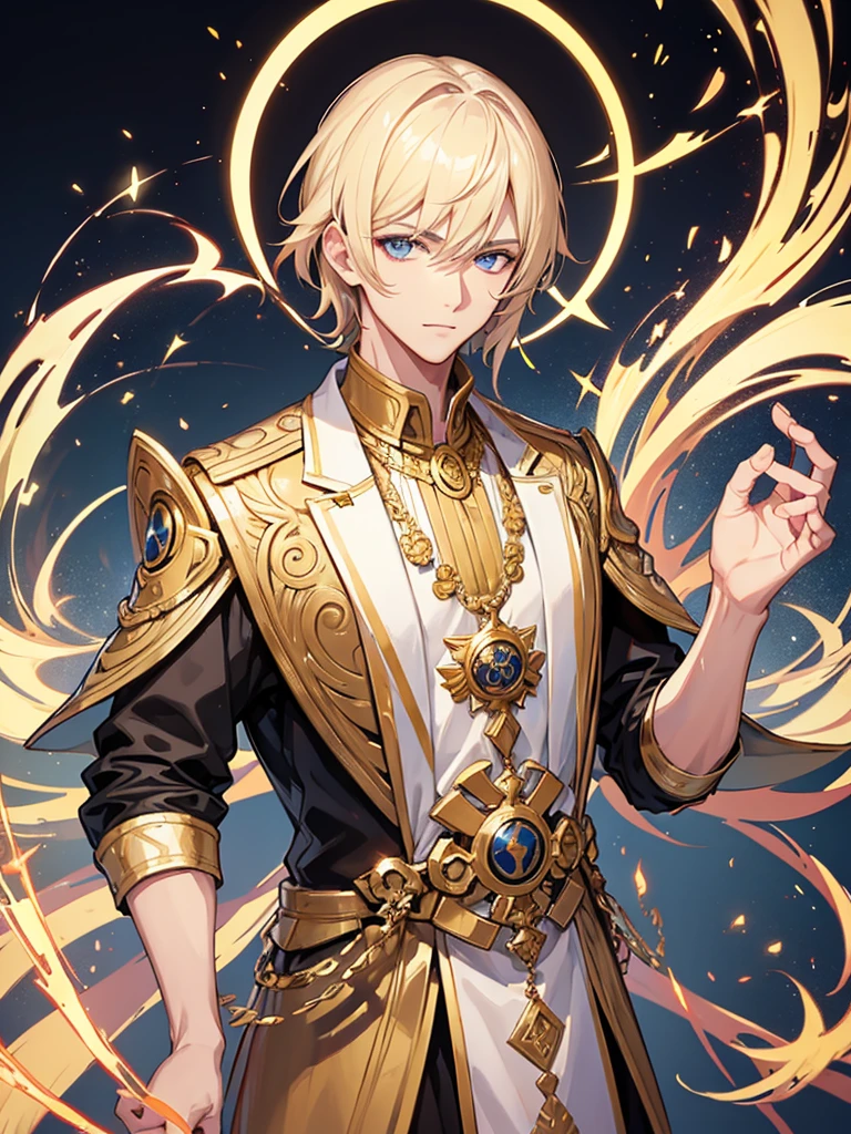 Handsome man with electric eyes and blonde, wearing a traditional Byzantine dress